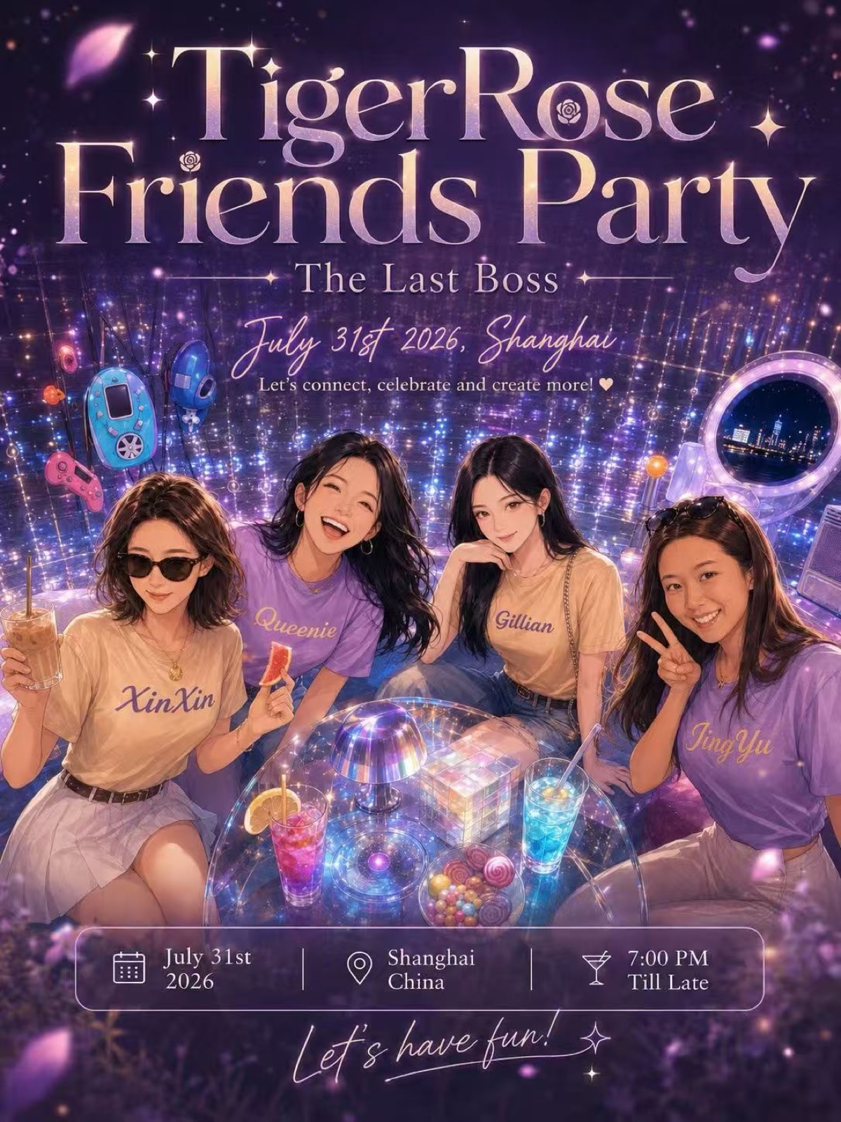 TigerRose Friends Party poster featuring the four producers